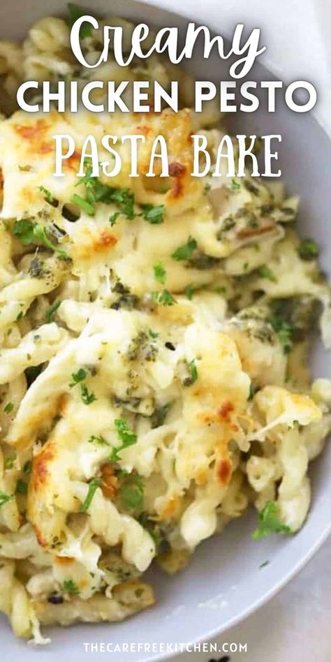 This Chicken Pesto Pasta combines our creamy homemade alfredo sauce with fresh pesto, cooked chicken, pasta and cheese for a hearty meal that your family and friends will love. Best of all, it takes just 30 minutes to make, can be made in advance and is super easy to adapt. #thecarefreekitchen #pasta #pastabake #dinner #30min #chicken #easy #freezermeal #pesto #alfredo Chicken Broccoli Pesto Pasta Bake, Creamy Pesto Chicken Pasta Recipes, Cheesy Pesto Chicken Bake, One Pan Creamy Pesto Chicken And Broccoli Pasta Bake, Creamy Pesto Chicken And Broccoli Bake, Chicken Pesto Ricotta Pasta, Chicken Pesto Fettuccine, Pesto Chicken Pasta Casserole, Basil Pesto Alfredo Chicken Pasta