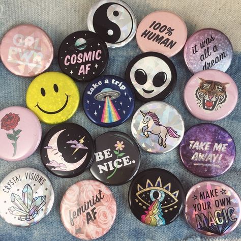 Wildflower + Co Button Pins - Flair Pins - Whimsical Graphics & Holographic - 5 for $10 Pin Button Design, Pin Maker, Cute Popsockets, Button Maker, Cool Buttons, Cool Pins, Button Badge, Cute Pins, Button Design