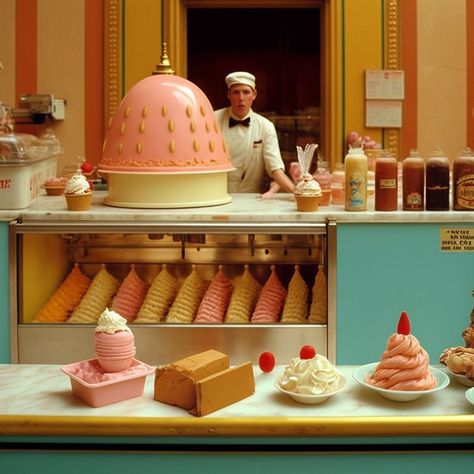 What happens when AI and Wes Anderson collide? Wes Anderson Bakery, Wes Anderson Set Design, Wes Anderson Cake, Wes Anderson Restaurant, Wes Anderson Kitchen, Wes Anderson Food, Wes Anderson Christmas, Wes Anderson Interior Design, Wes Anderson Party