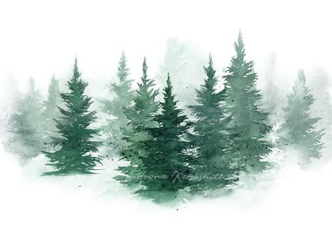 Evergreen Trees Watercolor, Watercolour Evergreen Trees, Spruce Tree Painting, Evergreen Watercolor Painting, Evergreen Tree Watercolor, Christmas Tree Digital Art, Watercolor Trees Simple, Spruce Tree Drawing, Forest Line Drawing