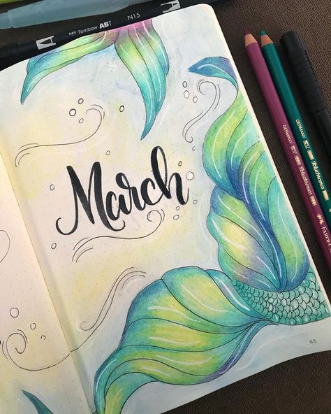 Monthly Journal, Bullet Journal Month, Bullet Journal Page, Bullet Journal Cover Page, Waves Sea, Mermaid Drawings, Bullet Journal Mood, Bullet Journal Aesthetic, Bullet Journal Notebook