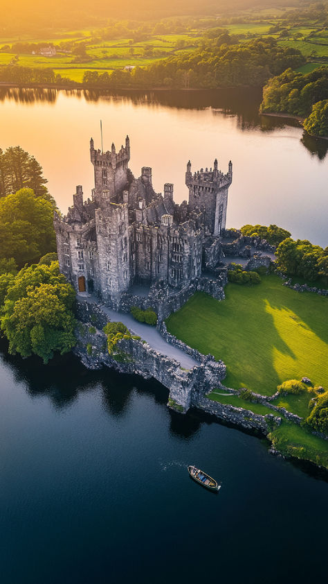 A breathtaking aerial view of Ashford Castle in County Mayo, Ireland, surrounded by lush greenery and calm waters, perfect for those seeking unique and romantic stays in Ireland. Romantic Ireland, Places To Stay In Ireland, Places In Ireland, Ireland Honeymoon, Unique Stays, Ireland Hotels, Beach House Tour, Spa Resorts, Romantic Hotels