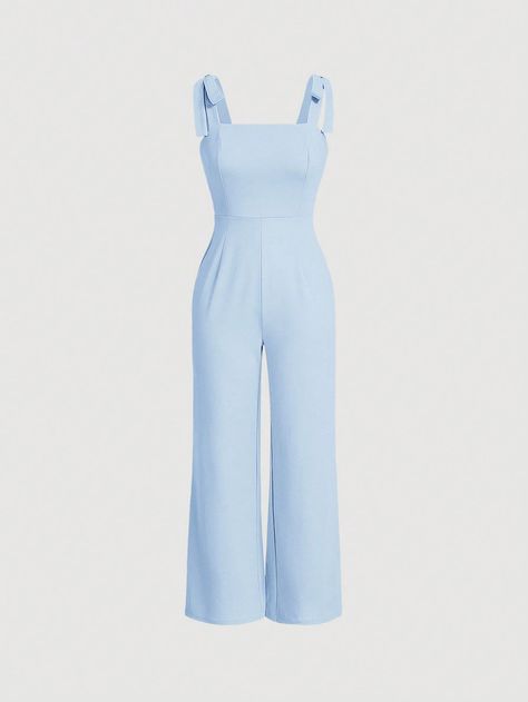 Baby Blue Casual Collar Sleeveless Fabric Plain Cami Embellished Slight Stretch  Women Clothing Blue Romper Outfit, Baby Blue Outfit, Light Blue Jumpsuit, Light Blue Romper, Outfits Dressy, Cami Jumpsuit, Trendy Dress Outfits, Fashion Organization, Blue Jumpsuits