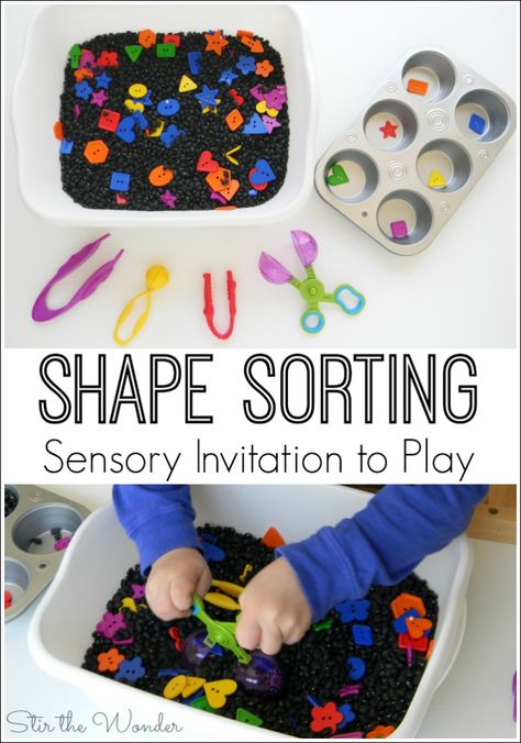 Shape Sorting Sensory Invitation to Play | Stir The Wonder Science Shapes Activities, Preschool Shapes, Tactile Sensory, Preschool Sensory, Learn Shapes, Sensory Tubs, Sensory Input, Teaching Shapes, Shape Sort