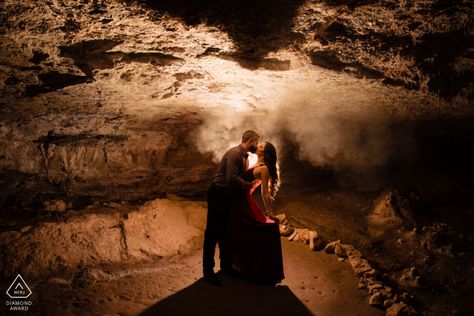 Finding love in a cave during engagement photography shoot Cave Engagement Photos, Cave Wedding, Elopement Wedding Photography, Photography Shoot, Wedding Photography Studio, Couple Portrait, Engagement Poses, Engagement Portraits, Hair And Makeup Artist