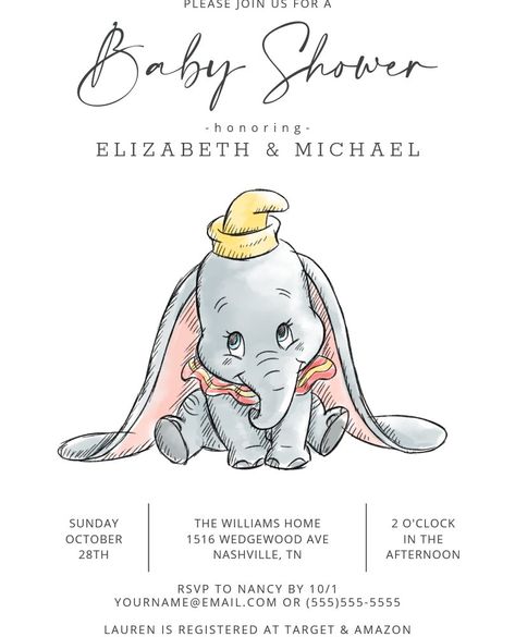 Dumbo Watercolor Baby Shower Invitation Dumbo Watercolor, Dumbo Baby Shower Theme, Dumbo Nursery, Baby Dumbo, Disney Baby Shower, Watercolor Baby Shower, Elephant Baby Shower Invitations, Baby Shower Invitaciones, Shower Welcome Sign