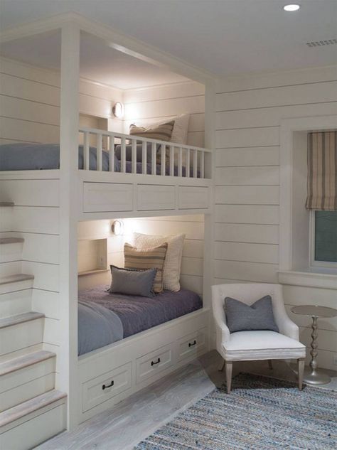 Built In Wall Bunk Beds...these are the BEST Bunk Bed Ideas! Bunk Bed Room, Bedroom Board, Bunk Bed Rooms, Modern Bunk Beds, Diy Bunk Bed, Bunk Beds Built In, Built In Bunks, Bunk Rooms, Cool Bunk Beds