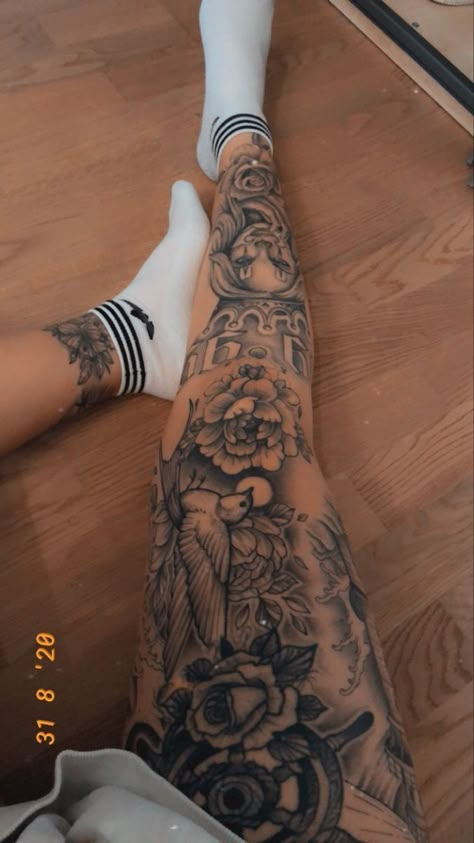 Girly Full Leg Tattoo, Black And Grey Leg Tattoos Women, Cute Leg Sleeve Tattoo, Leg Sleeve Tattoo Ideas For Women, Leg Filler Tattoo Ideas Women, Women’s Leg Sleeve Tattoo Ideas, Women With Leg Sleeves, Woman Leg Sleeve Tattoo Ideas, Women Full Leg Tattoo Ideas