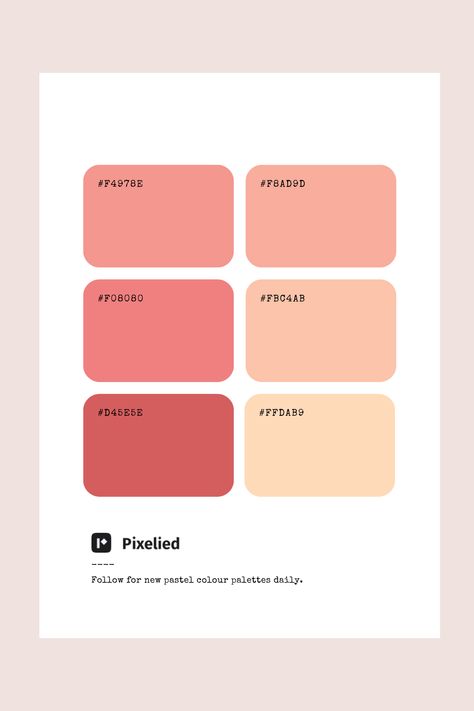 This peach pastel color palette showing inviting shades ranging from deep coral to soft peach. These hues blend seamlessly, creating a cohesive and friendly look. Peach Pallet Color, Coral Palette Color, Shades Of Peach Colour Palettes, Coral Color Scheme, Coral Color Palette, Peach Pallete, Peach Color Palette, Coral Color Schemes, Coral Palette