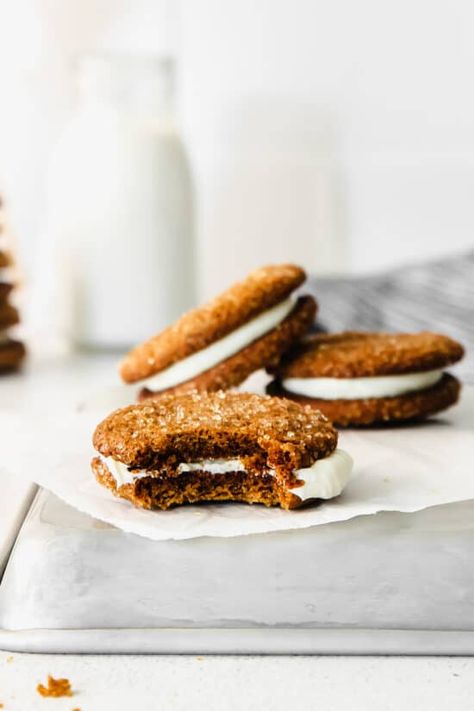 Carrot Cake Sandwich Cookies, Winter Baking Recipes, Cake Sandwich, Ginger Molasses, Winter Dessert Recipes, Fit Foodie Finds, Carrot Cake Cookies, Favorite Cookie Recipe, Fit Foodie