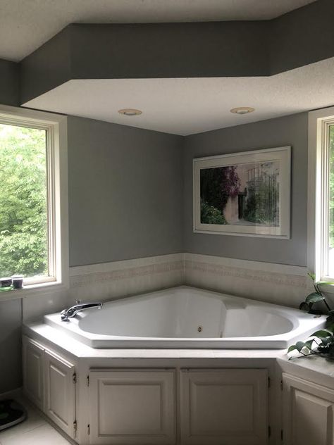 Our 5 Favorite Before & Afters: Bathroom Edition Corner Jetted Tub Remodel, Corner Jacuzzi Tub Bathroom Remodel, Corner Tub Master Bath Remodel, Corner Jacuzzi Tub Bathroom, Corner Tub Remodel, Corner Bathtub Decor, Jet Tub Remodel, Corner Tub Ideas, Corner Tub Master Bath