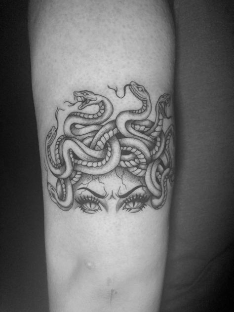 Medusa, Medusa tattoo, black and grey tattoo Medusa Thigh Piece, Medusa Tattoo Hip Thigh, Medusa Eyes Tattoo Stencil, Medusa Tattoo Design Realism, Medusa Themed Tattoo, Medusa Knee Tattoo, Lowkey Medusa Tattoo, Medusa Shin Tattoo, Medusa Semicolon Tattoo