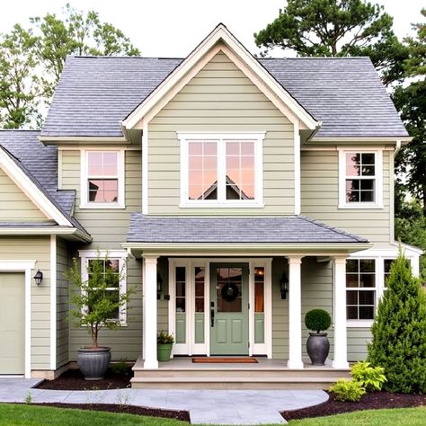 30 Sage Green Exterior House Paint Colors for Every Style Exterior House Colors Sage Green, Soft Green House Exterior, Light Sage Exterior House Colors, Sage Green Houses Exterior, Light Green Exterior House, Saybrook Sage Benjamin Moore Exterior, Mint Green House Exterior, Green House Exterior White Trim, Sage Green Exterior House