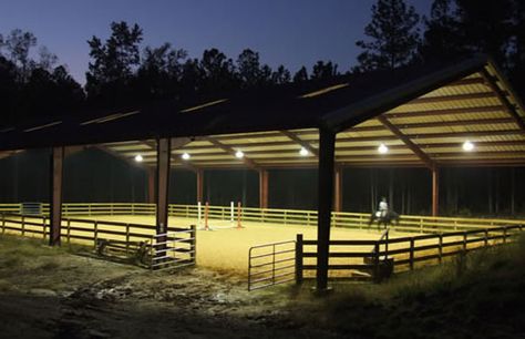 covered with lighting - could easily be made into an indoor arena later or at least somewhat more sheltered Horse Barn Ideas, Horse Farm Ideas, Horse Barn Ideas Stables, Horse Arena, Horse Barn Designs, Horse Shelter, Dream Stables, Dream Horse Barns, Horse Barn Plans