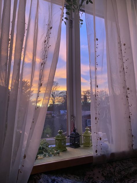 Sunset from my bedroom window🫶 #sunset #bedroom #view #sky #purple #purplesky #sun #clouds #aesthetic Lavender Curtains Bedroom, Purple Curtains Aesthetic, Purple Aesthetic Bedroom Ideas, Aesthetic Curtains Bedroom, Purple Aesthetic Bedroom, Sunset Bedroom, Lavender Curtains, Bedroom View, Lavender Decor