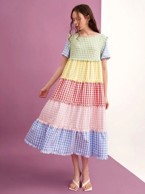 SHEIN X PINO STUDIOS Gingham Print Colorblock Frill Trim Smock Dress | SHEIN USA Check Fabric Dress Design, Check Fabric Dress, Gingham Dress Outfit Summer, Pastel Dress Outfit, Gingham Dress Outfit, Maxi Dress Styles, Gingham Fashion, Check Dress, Summer Dress Outfits