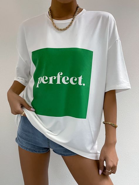 White Casual Collar Half Sleeve Fabric Colorblock,Letter  Embellished Slight Stretch Summer Women Tops, Blouses & Tee Trendy Shirt Designs, Tshirt Printing Design, Color Block Tee, Shirt Design Inspiration, Shirt Art, Shirt Print Design, Mode Ootd, Customise T Shirt, Tee Shirt Designs