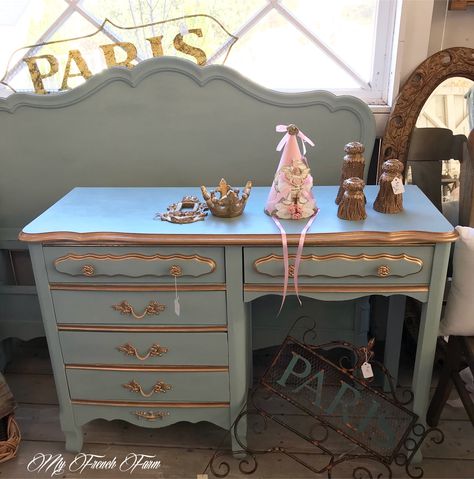 French provincial desk painted with Annie Sloan chalk paint in Duck Egg with gold gilded details. French Provincial Desk, French Provincial Furniture, French Provincial, Annie Sloan Chalk Paint, French Furniture, Annie Sloan, Flipping Furniture, Refinishing Furniture, Chalk Paint