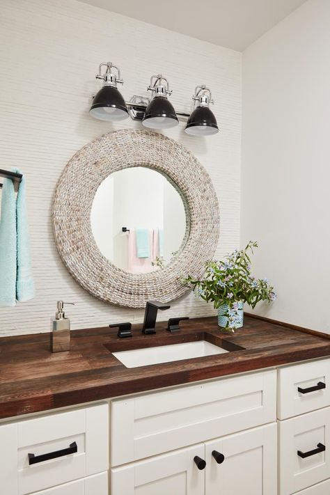 Discover beautiful bedrooms and bathrooms at HGTV Dream Home 2018 and shop your favorite products from Wayfair.com. Butcher Block Bathroom, Terrace Bathroom, Beach Mirror, Pretty Mirror, Coastal Bathroom Design, Hgtv Dream Homes, Room Dark, Butcher Blocks, Beach Theme Bathroom