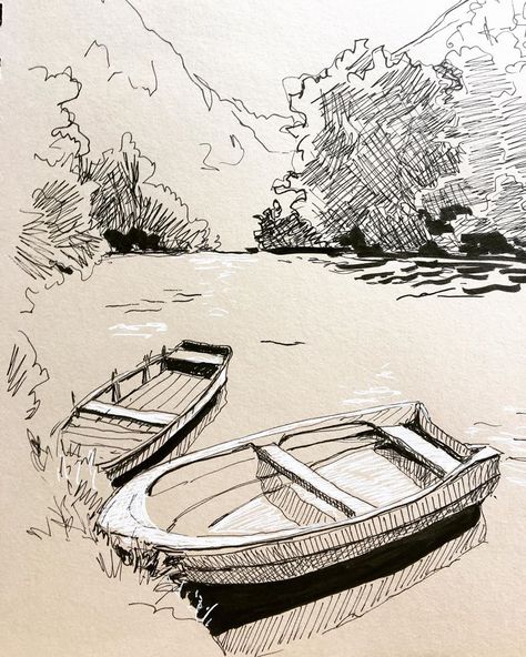 River Sketch, Boat Sketch, River Bank, Perspective Drawing, Ink Sketch, Easy Watercolor, Sketches Easy, Line Illustration, Serbia