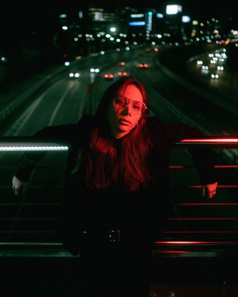 Night Aesthetic Portrait, City Light Photoshoot, Night Time Shoot, Overpass Photoshoot, Street Light Photoshoot, Night Street Photography Portrait, City Lights Photoshoot, Dark Cinematic Photography, Rgb Portrait