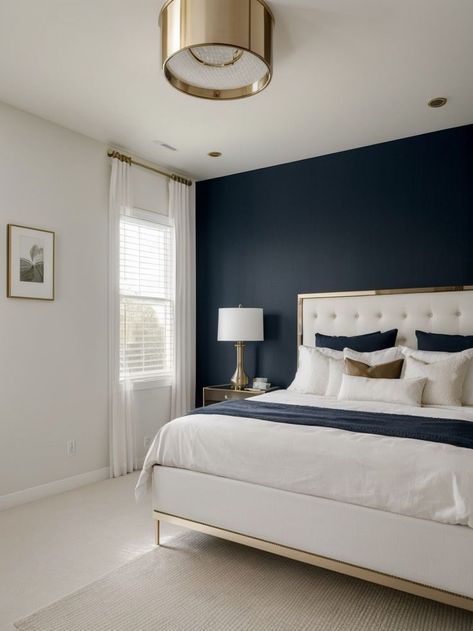 Hale Navy Accent Wall, Hale Navy Bedroom, Navy Blue Bedroom Walls, Navy Accent Wall, Blue Bedroom Paint, Bedroom Accents, Navy Bedroom, Blue Bedroom Walls, Mens Bedroom Decor