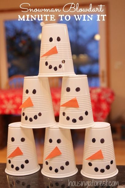 Winter Fun ~ Snowman Blowdart Minute to Win it Game Our family loves Minute to Win it Games!  They are great for a simple family night or a large crowd.  Plus you probably can use things you already have around the house.  Love that! The Challenge: To blow the snowman cup stack off table using Party Games For Families, Party Christmas Games, Christmas Games For Families, Schnee Party, Family Christmas Party Games, Fun Christmas Party Ideas, Christmas Party Games For Kids, Games For Families, School Christmas Party