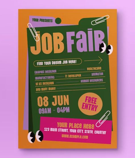 Get your next job fair off to a great start with this eye-catching flyer template! This modern design features a bold orange color scheme and plenty of space to include all the details of your event. Download the template in AI and PSD format for easy customization. #jobfair #flyer #template . #Job_Fair_Flyer_Design #Career_Expo_Poster #A5_Flyer_Design_Inspiration #Career_Fair_Poster A5 Flyer Design Inspiration, Job Poster Design Ideas, Fun Flyer Design, Job Posting Design, Job Poster Design, Job Fair Poster, Hiring Flyer Design, Fair Poster Design, Flat Graphic Design