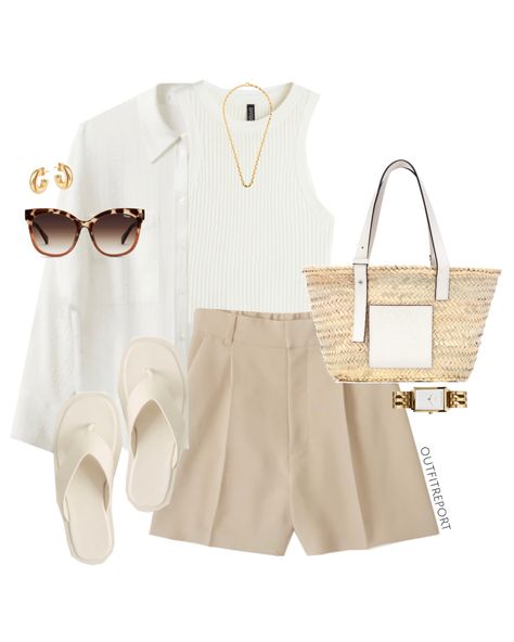 Classy Style Summer Outfits, White Big Shirt Outfit, Beige Top Outfit Summer, Summer London Outfits Street Style, Tailored Shorts Outfit Summer, White Tailored Shorts Outfit, Beige Shorts Outfit Summer, How To Style White Shorts, White Shirt And Shorts Outfit