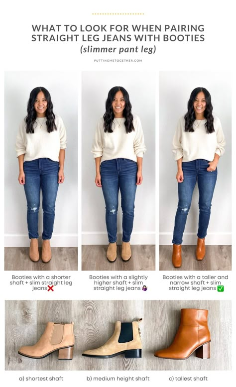 Winter Outfits Straight Leg Jeans, Straight Leg Pants With Boots, How To Wear Booties With Jeans, How To Wear Booties, Shoes To Wear With Straight Leg Jeans, Straight Leg Jeans Outfits Winter, Ankle Jeans Outfit, Jeans Boots Outfit, Style Straight Leg Jeans