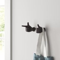 Trichy Echo Set Of 3 - Black Walnut Wood Black Metal Hooks For Hanging Coats - Hat Hooks For Wall - Decorative Wall Hooks - Hat Hangers For Wall | Wayfair Backpack Hooks Bedroom, Hooks For Mudroom, Wall Hooks Ideas, Eclectic Wall Hooks, Unique Wall Hooks, Modern Coat Hooks, Bathroom Wall Hooks, Entryway Hooks, Thumbs Up Sign