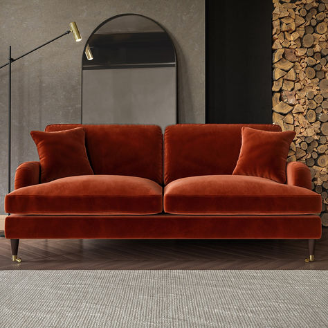 Burnt Orange Velvet Sofa, Sage And Orange Living Room, Burnt Orange Sofa, Burnt Orange Living Room, Velvet Sofa Living Room, Burnt Orange Velvet, Orange Couch, Orange Sofa, Gorgeous Sofas