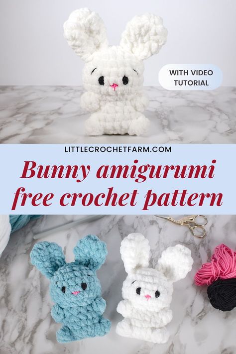 Crochet your own cuddly companion with this adorable amigurumi bunny! Made with soft chenille yarn, this stuffed bunny is as cozy as it is cute! Perfect for amigurumi beginners, a easy-to-follow video tutorial guides you through every stitch, so you can create your bunny buddy in no time! Visit the free written pattern and get crocheting this lovable little rabbit! Simple Bunny Crochet Pattern, Pocket Bunny Free Crochet Pattern, No Sew Stuffed Animals, Easy Bunny Crochet Pattern Free, Crochet Small Bunny, Free Bunny Crochet Pattern, Chunky Bunny, Bunny Amigurumi Free Pattern, Bunny Origami