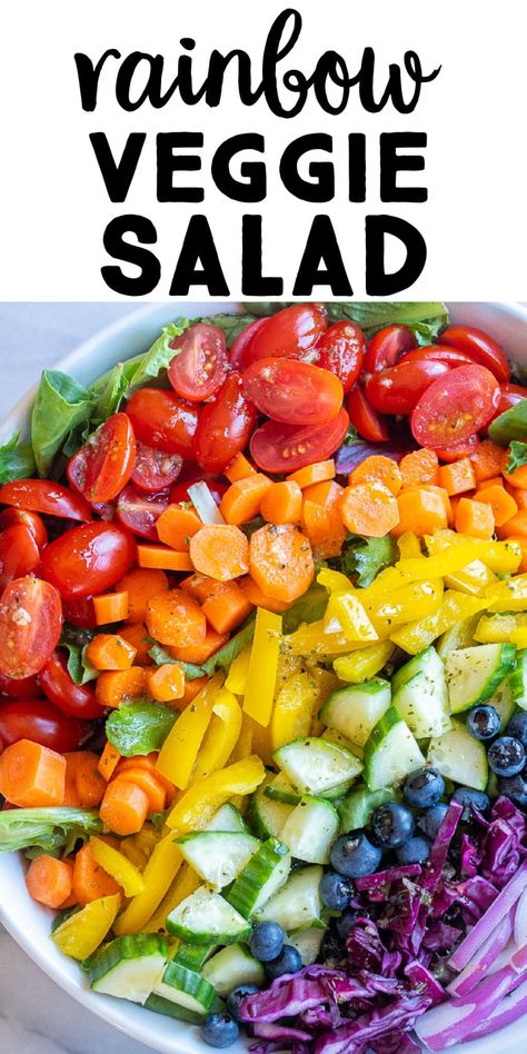 This beautiful Rainbow Veggie Salad is packed with tons of healthy fruits and veggies and is great for a side salad at dinner or you can add some protein to it and make it lunch! Kids also love helping making this salad and might just get them excited about eating it! #rainbowfood #rainbowsalad #priderecipe #dinnersalad #sidesalad Fruit And Vegetable Diet, Easy Dressing Recipe, Rainbow Diet, Kid Friendly Salad, Salads For Kids, Lunch Kids, Veggie Diet, Rainbow Salad, Rainbow Food