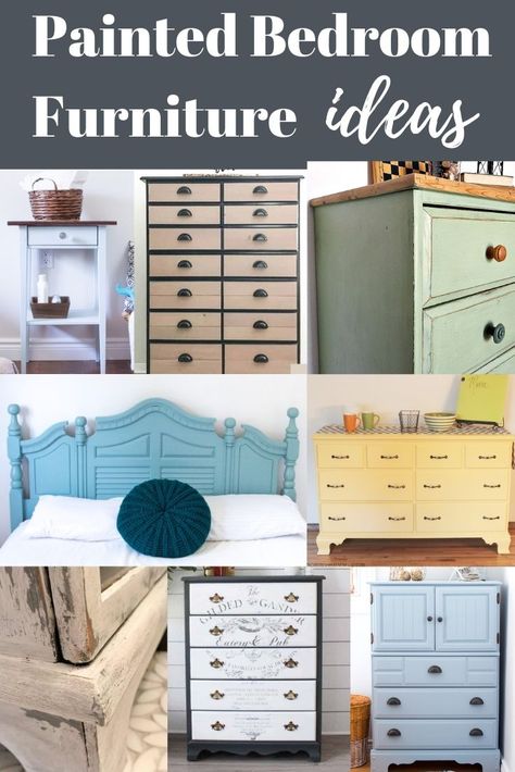 See a handful of ideas for painting bedroom furniture. From paint to stain to finishing techniques, see ideas on how to update old dressers, bed side tables and any bedroom furniture. The post Ideas for Painting Bedroom Furniture appeared first on Repurpose and Upcycle. Painted Pine Bedroom Furniture, Repaint Bedroom Furniture, Painted Bedroom Furniture Ideas Colour, Paint Bed Frame, Painting Bedroom Furniture, Ideas For Furniture, Pine Bedroom Furniture, Trending Furniture, Recycling Crafts