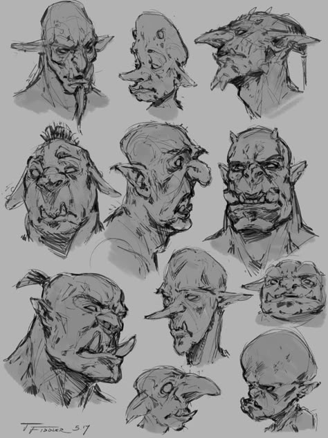 Monster Concept Art Sketch, Orc Facial Expressions, Orc Anatomy Reference, Ork Concept Art, Goblin Body Reference, Ork Drawings, How To Draw Goblins, Goblin Drawing Sketches, Cute Monster Sketch