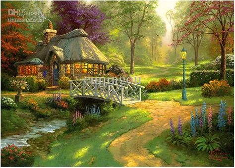 Thomas Kinkade Art Oil Paintings Prints Canvas Summer Cottage . Thomas Kinkade Cottage, Thomas Kinkade Paintings, Thomas Kinkade Art, Thomas Kincaid, Kinkade Paintings, Cottage Wallpaper, Art Thomas, Cottage Painting, Cottage Art