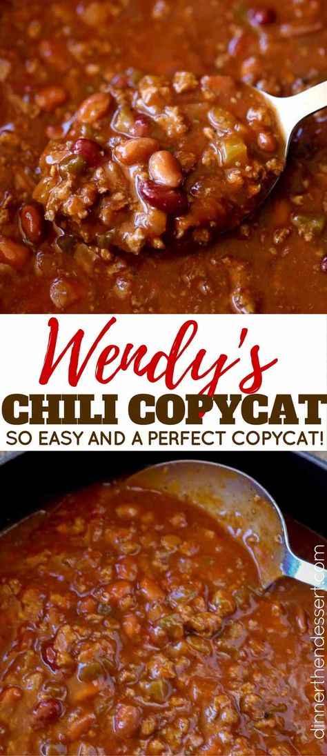 The BEST Wendy's Chili copycat recipe to recreate the famous hearty, delicious chili with beef, beans, veggies and lots of amazing flavor! Best Slow Cooker Chili, Dessert Italian, Wendy's Chili, Wendys Chili Recipe, Slow Cooker Chili Recipe, Best Chili Recipe, Chili Recipe Crockpot, Chili Soup, Chilli Recipes