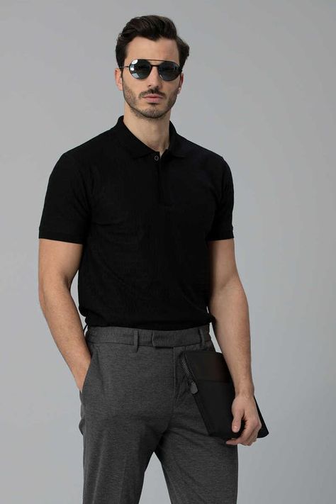 Men's Summer Business Casual: Core Aesthetics for Modern Gents Black Shirt Outfit Ideas For Men, Man Polo Outfit, Polo Business Casual Men, Formal Polo Outfit Men, Polo T Shirts For Men Outfit Formal, Black Polo Outfit Men Formal, Mens Casual Formal Outfits, T Shirt Business Casual Outfit, Black Polo Outfit Men Casual