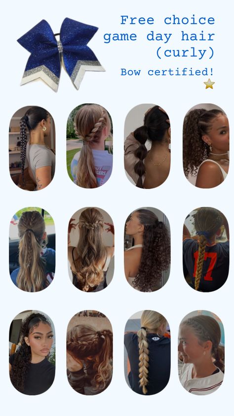 Curly hairstyles for cheering during games! #cheer #football #soccer Cute Cheer Hairstyles, Game Hairstyles, Football Hairstyles, Cheer Games, Cheer Football, Soccer Hairstyles, Cheerleading Hairstyles, Football Cheer, Soccer Outfit