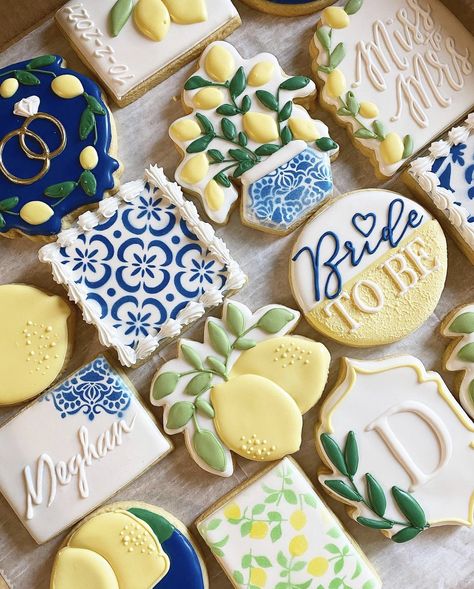 Italian Bridal Showers, Lemon Themed Party, Lemon Themed Bridal Shower, Bridal Cookies, Italian Party, Italian Theme, Bridal Shower Inspo, Bridal Shower Cookies, Bridal Shower Food