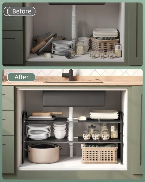 You Won’t Believe How Much Storage This Amazon Under-Sink Organizer Creates Organize Under Kitchen Sink, Sink Organization Kitchen, Under Sink Shelf, Under Bathroom Sink, Under Kitchen Sink, Under Kitchen Sink Organization, Bathroom Sink Storage, Kitchen Sink Organization, Bathroom Apartment