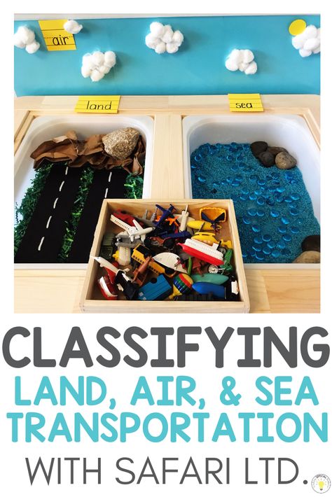 Kids will love exploring land sea air vehicle sort using sensory bins, Safari Ltd. TOOBS, and a sticky wall for the sky. This transportation classification activity is perfect for beginning geography or your transportation unit in preschool, kindergarten, or special education. My toddler loved this activity, especially the water! Transportation Block Center Preschool, Transportation Science Preschool, Kindergarten Transportation, Preschool Transportation, Transportation Preschool Activities, Transportation Theme Preschool, Sea Transportation, Transportation Unit, Sticky Wall