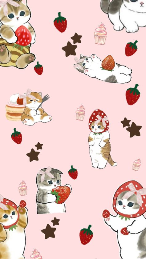 strawberry mofusand wallpaper. dont steal💕💕 Mofusand Wallpaper, Cat Pattern Wallpaper, Iphone Wallpaper Themes, Hello Kitty Iphone Wallpaper, Phone Wallpaper Patterns, Cute Patterns Wallpaper, Minimalist Wallpaper, Homescreen Wallpaper, Pastel Wallpaper