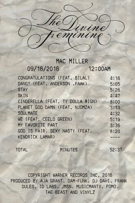 Music Reciepts, Receipts Aesthetic, Receipt Poster, Divine Feminine Aesthetic, Mac Miller Albums, Mac Angel, Mac Miller Tattoos, Ceelo Green, Ty Dolla Ign