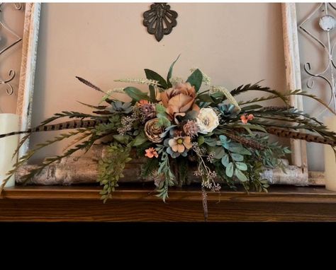 Rustic Farmhouse Wood Limb and Flower Centerpiece With or - Etsy Rustic Flower Arrangements For The Home, Mantel Flower Arrangements, Log Mantle, Headstone Arrangements, Pheasant Feather Decor, Mantel Flowers, Sitting Elegantly, Cemetery Ideas, Rustic Flower Arrangements