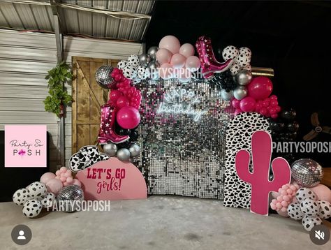 Disco Cowgirl Barbie, Cowgirl Party Decorations Western Decor, Disco Cowgirl Food Ideas, Disco Cowgirl Backdrop, 21st Rodeo Birthday Party, Disco Cowgirl Party Decor Ideas, 30th Rodeo Party, Disco Western Party, Pink Cowgirl Aesthetic Party