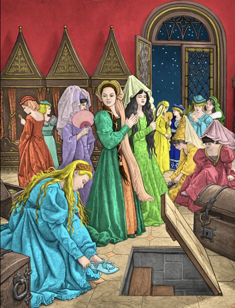 Book: The Twelve Dancing Princesses by Ruth Sanderson. Digitally colored using Pigment app on IPad Pro. Faerie Books, The Twelve Dancing Princesses, Ruth Sanderson, Once Upon A Mattress, Twelve Dancing Princesses, Medieval Princess, 12 Dancing Princesses, Grimm, Ipad Pro