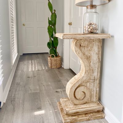 Small House Furniture Ideas, Corbel Table, Small House Furniture, Small Foyer, Candle Stick Decor, Natural Wood Furniture, Door Light, Foyer Table, Unique Farmhouse