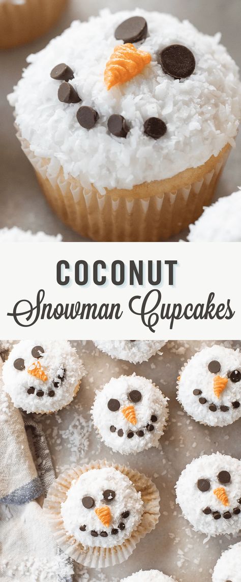 Easy snowman cupcakes are made with real shredded coconut and a moist vanilla cake. These cute coconut cupcakes are decorated with a little orange nose and chocolate chip button eyes! They're perfect for Christmas celebrations or just as a fun winter dessert. Plus, they're really easy to make - no special skills are needed! #coconutcupcakes #snowmancupcakes #cupcakes Cupcakes For Christmas, Make Snowman, Easy Christmas Cupcakes, Christmas Cupcakes Recipes, Cupcakes Christmas, Christmas Cupcakes Decoration, Winter Dessert, Christmas Tree Cupcakes, Organic Cake